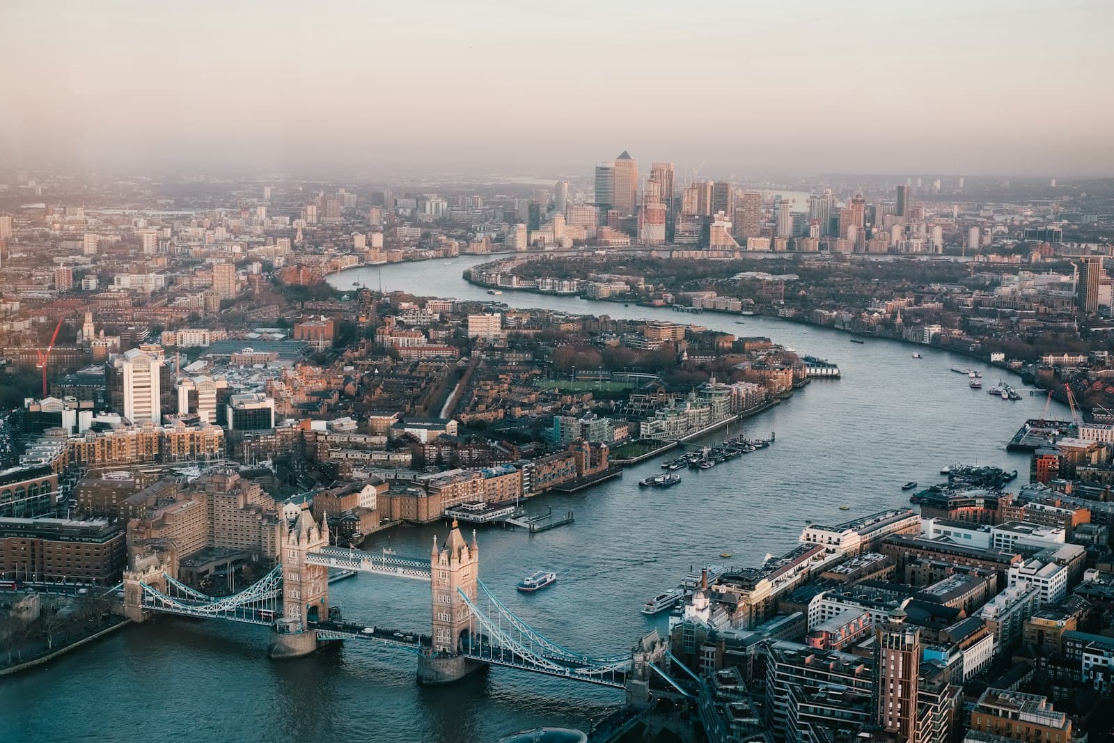 Westminster Bridge and the Elizabeth Tower in London under a soft sky